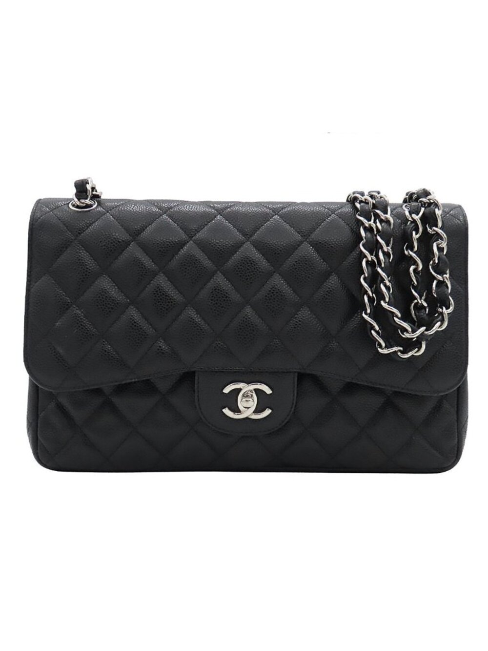 Chanel Chain Shoulder Bag Maxi Quilted 30 Double Flap Black Silver Caviar